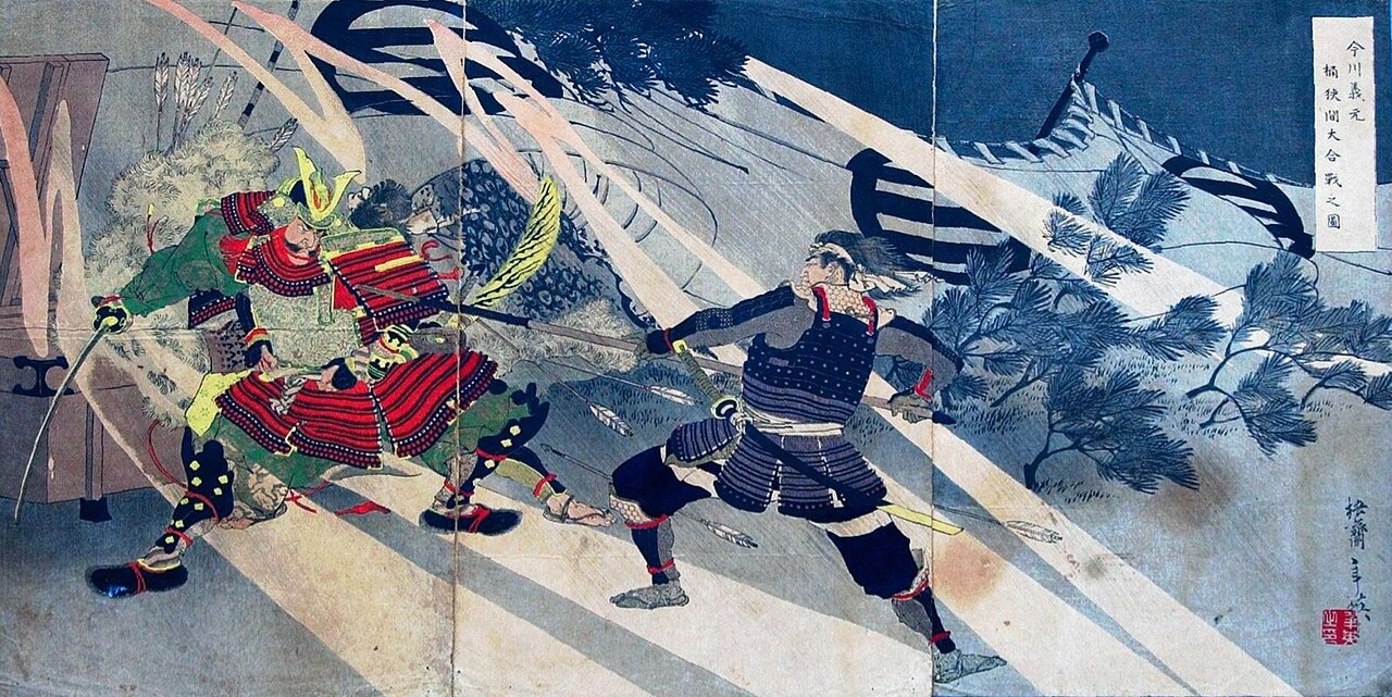 梧斎年英筆「今川義元 桶狭間大合戰之圖」、3枚揃錦絵